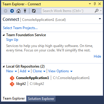 从 Team Explorer 中连接 Git 仓库。