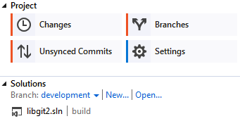 The Home view for a Git repository in Visual Studio.