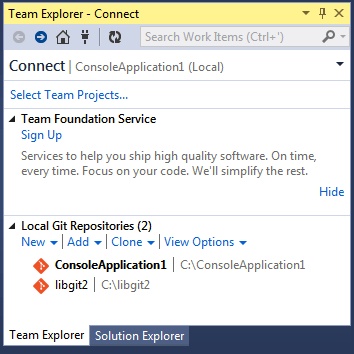 Connecting to a Git repository from Team Explorer.