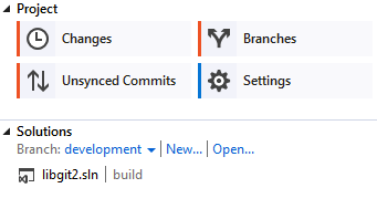 De Home view voor een Git repository in Visual Studio.